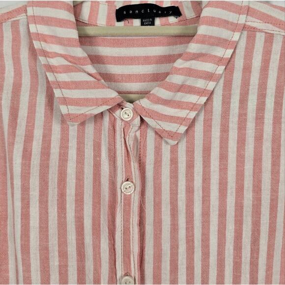 Sanctuary Pink & White Striped Linen Short Sleeve Button down Top Size M - Picture 3 of 3